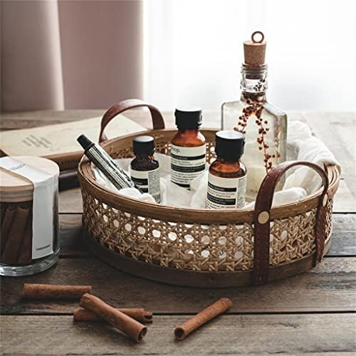 Кръгла кошница за багаж от ратан ръчна изработка, Плетени Чиния, Сервировочный тава за плодови закуски с кожена дръжка (Цвят: