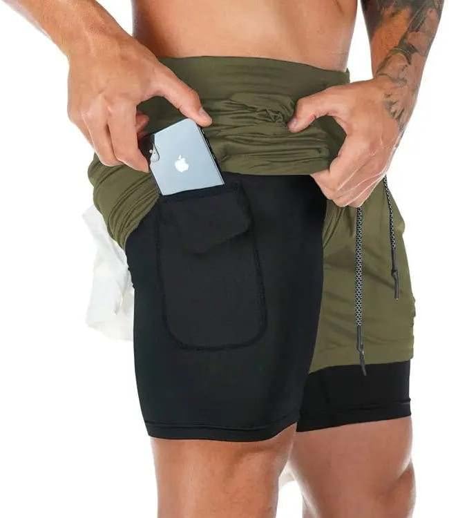 Мъжки бързо съхнещи Спортни къси Панталони за Фитнес на Открито с Джоб за Телефон, Двуслойни Шорти За Фитнес 2 в 1, Шорти
