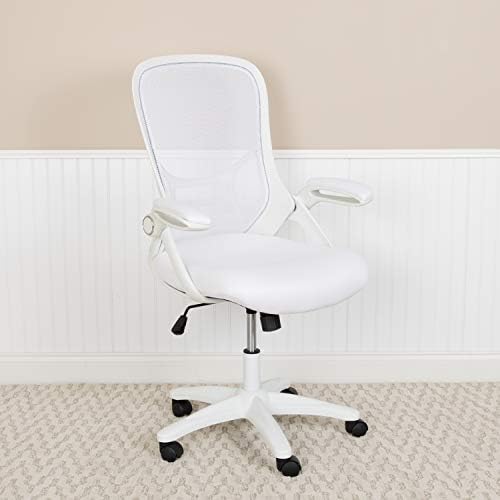 Ергономичен Офис стол с висока облегалка от бяла мрежа Flash Furniture с Бяла рамка и откидывающимися подлакътници 26,5 D