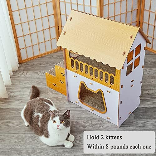 Картонена къщичка-когтеточка за котки, Дървена къщичка за котка, Мебели за котка легла в помещение, стая за почивка на котки с тегло не повече от 8 кг, 2-етажни трайни