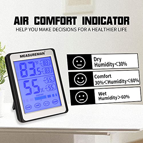 Дигитален Термометър и Влагомер MEASUREMAN за помещения с датчик за влага с чувствителен на допир LCD подсветка, Точен Измерител