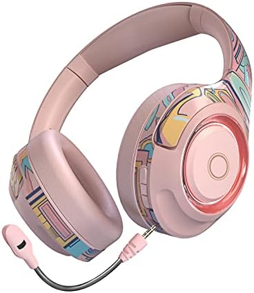 Безжична детска Слушалки над ухото, стерео слушалки Bluetooth 5.1 Hi-Fi цвят RGB с подключаемым микрофон с шумопотискане, време на възпроизвеждане на 24 часа - Graffiti (Розов)