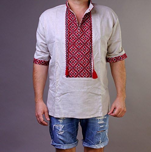 ВЫШИВАНКА мъжки Украинската Бродирана Риза с Ръчно изработени От Сив Лен с къс ръкав 3XL