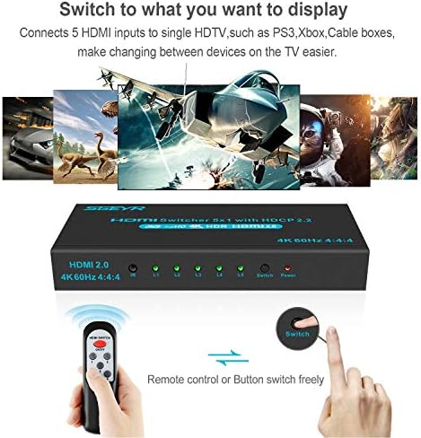 SGEYR 4K @ 60Hz 5x1 Преминете HDMI Превключвател за избор на HDMI 5 Пристанища HDR IR дистанционно управление 4K Скоростна избор на HDMI 5 в 1 Изход Автоматично превключва на HDMI Switcher HDC