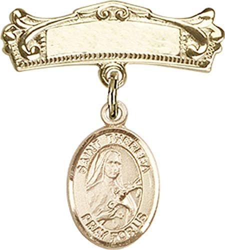 Детски икона Jewels Мания с чар Света Тереза и Извита полирани игла за бейджа | Детски икона от 14-каратово злато с чар Света