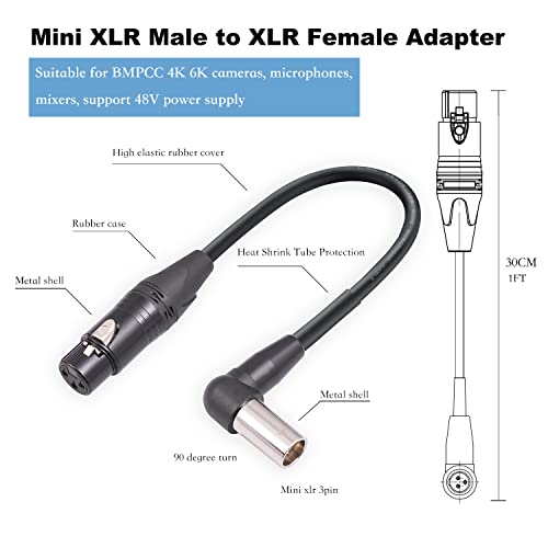 HUALEU Правоъгълен кабел-адаптер Mini XLR Male-XLR Female, 90-Градусов 3-пинов кабел-адаптер Mini XLR Male-XLR Female, камера