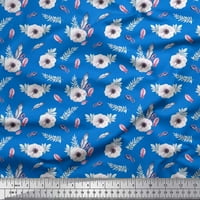Soimoi Blue Japan Crepe Satin Fabric Feathers & Anemone Floral Print Fabric по двор