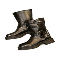 Woodlow Women Combat Boots Mid Calf Western Booties Slip on Boot Дами зимни обувки Закопчани каишки Кокетна пета анти-плъзгане черно 8