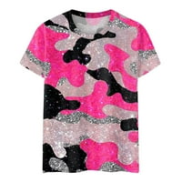 Отпечатани блузи с къс ръкав за свободното време моден екипаж върхове за врата за жени горещо розово s