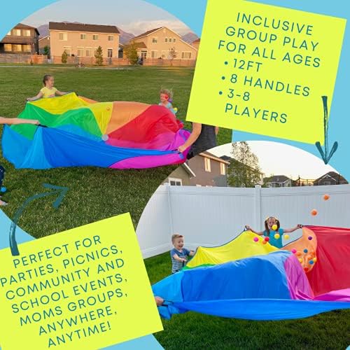 Малки динамо-играчки с парашут за деца от 8 дръжки 12 фута - Топки в пакет - Парашут Рейнбоу цветове за занимания в залата