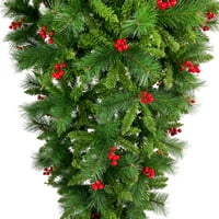 Resenkos с главата надолу 7. ft зелено коледно дърво боров конус червени изкуствени плодове празнични декорации неосветени